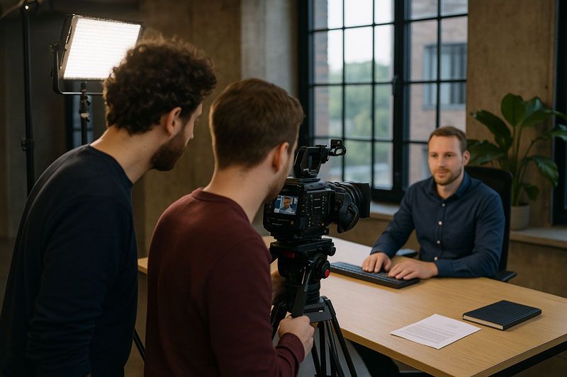 Camera crew filmt medewerker op kantoor