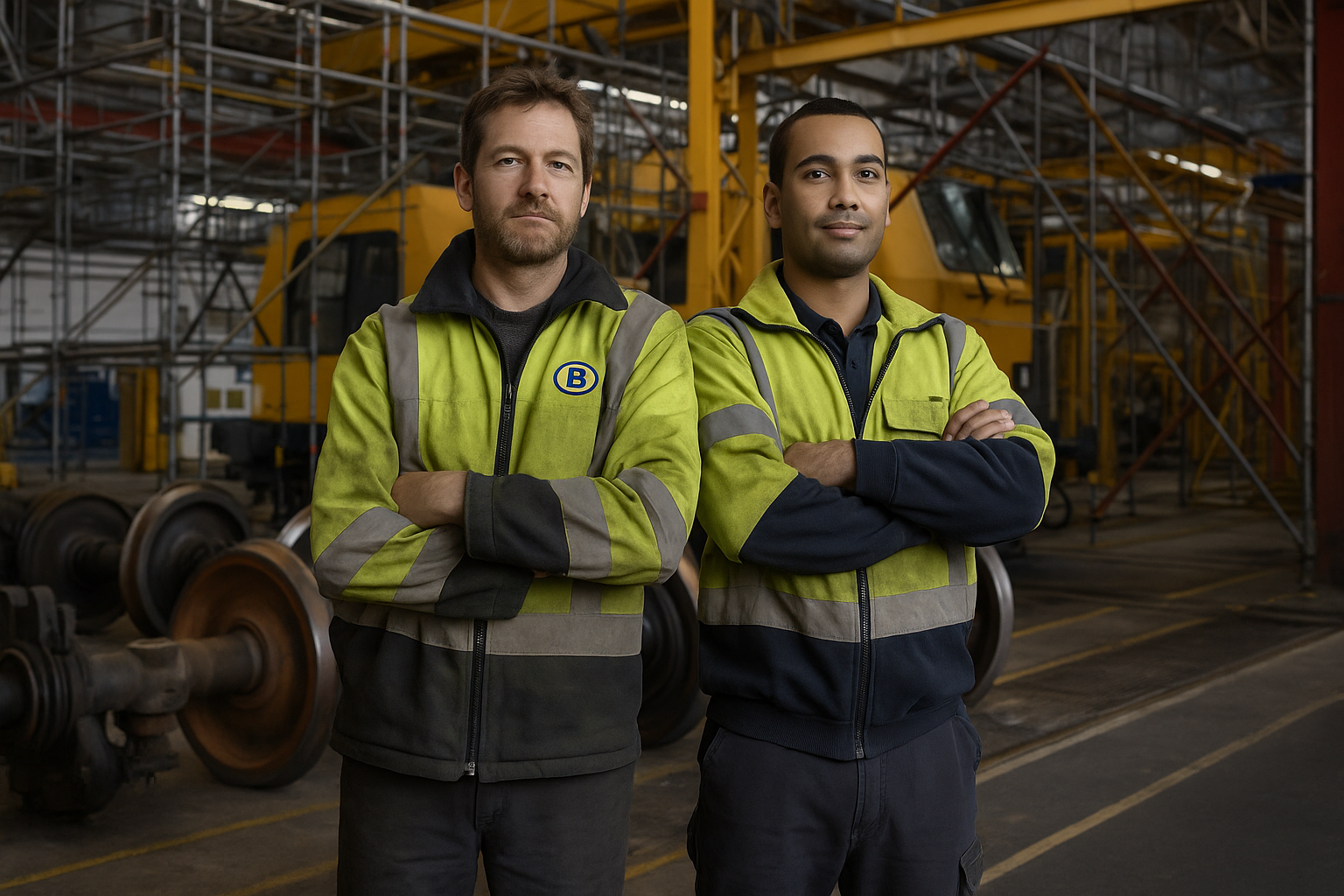 Werkmannen in een fabriek naast elkaar poserend 