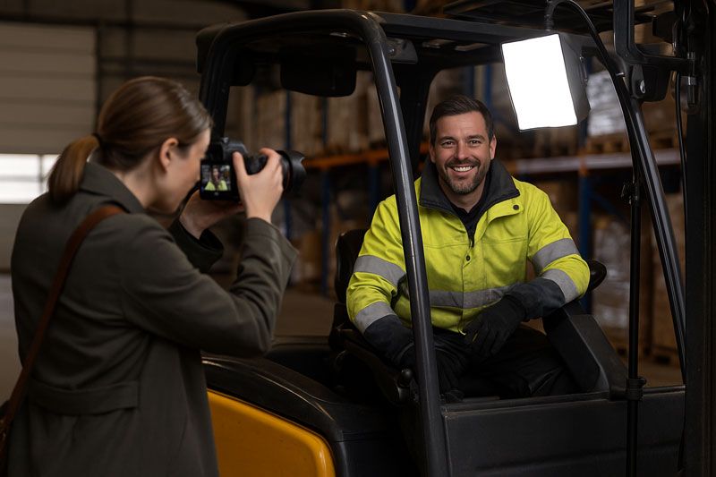 Fotograaf neemt foto van heftruck chauffeur